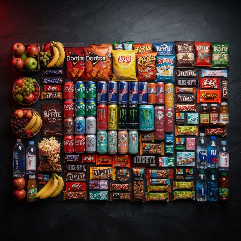 An overhead spread of drinks, snacks and fresh products available at EDAM Express